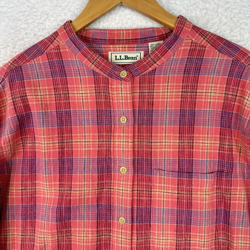 LL Bean Women's Plaid Button Front Shirt Red Pink Blue Linen Cotton Classic XL - Picture 2 of 11